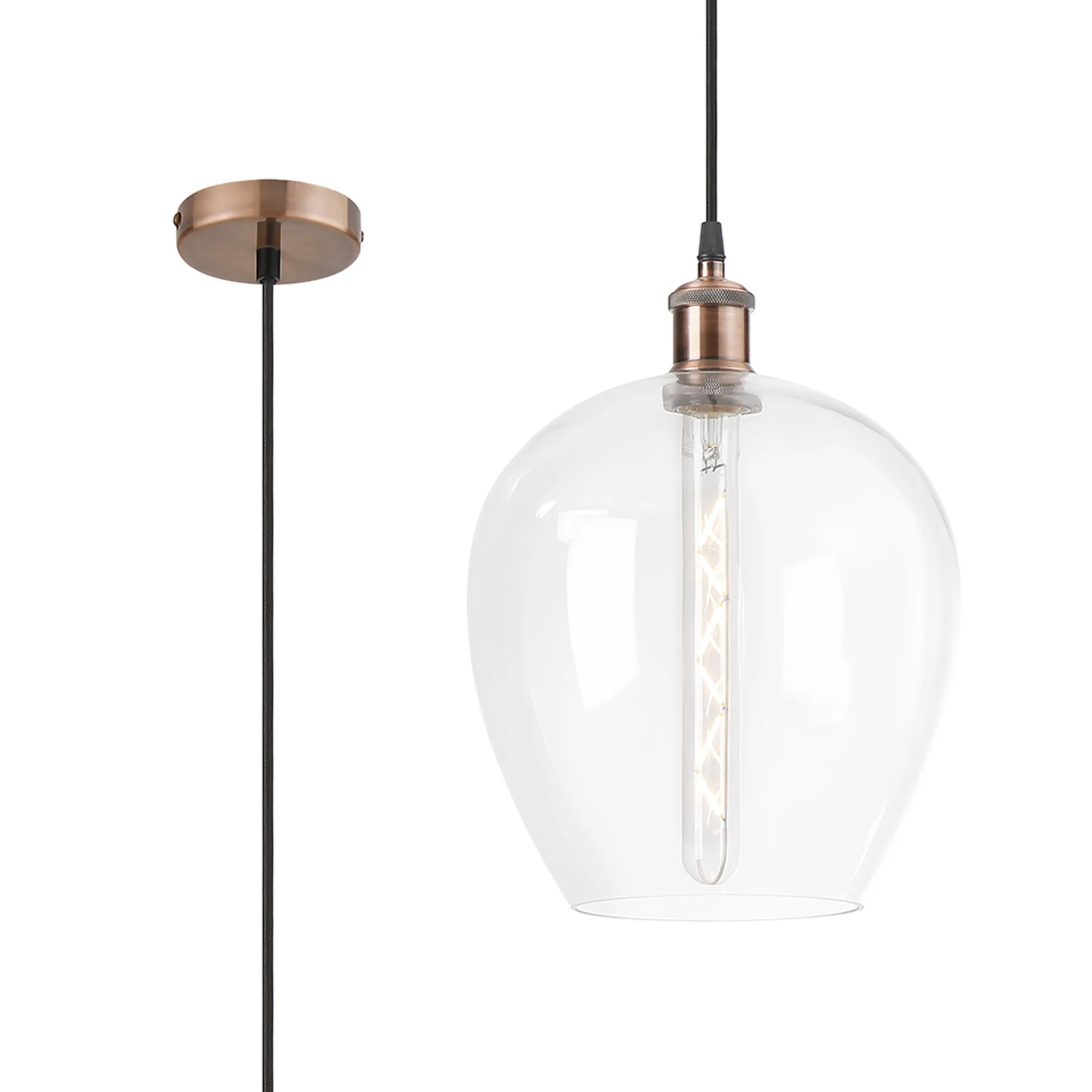 DK1102  Cawdor Single Pendant; 1 Light E27; Antique Copper/Black/Clear Wine Glass